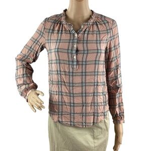 LOFT Pink Plaid Split Neck Blouse Long Sleeve Rayon XS
